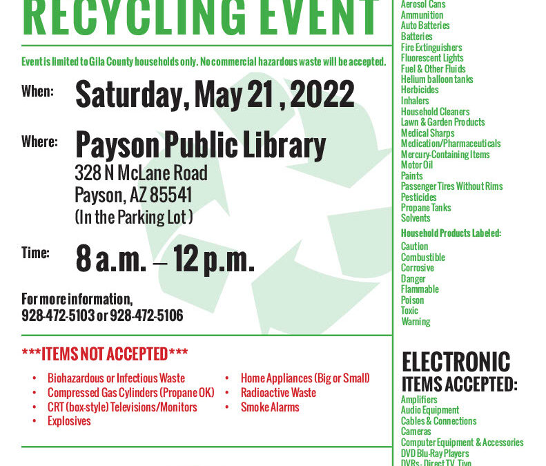Free Recycling Event May 21, 2022